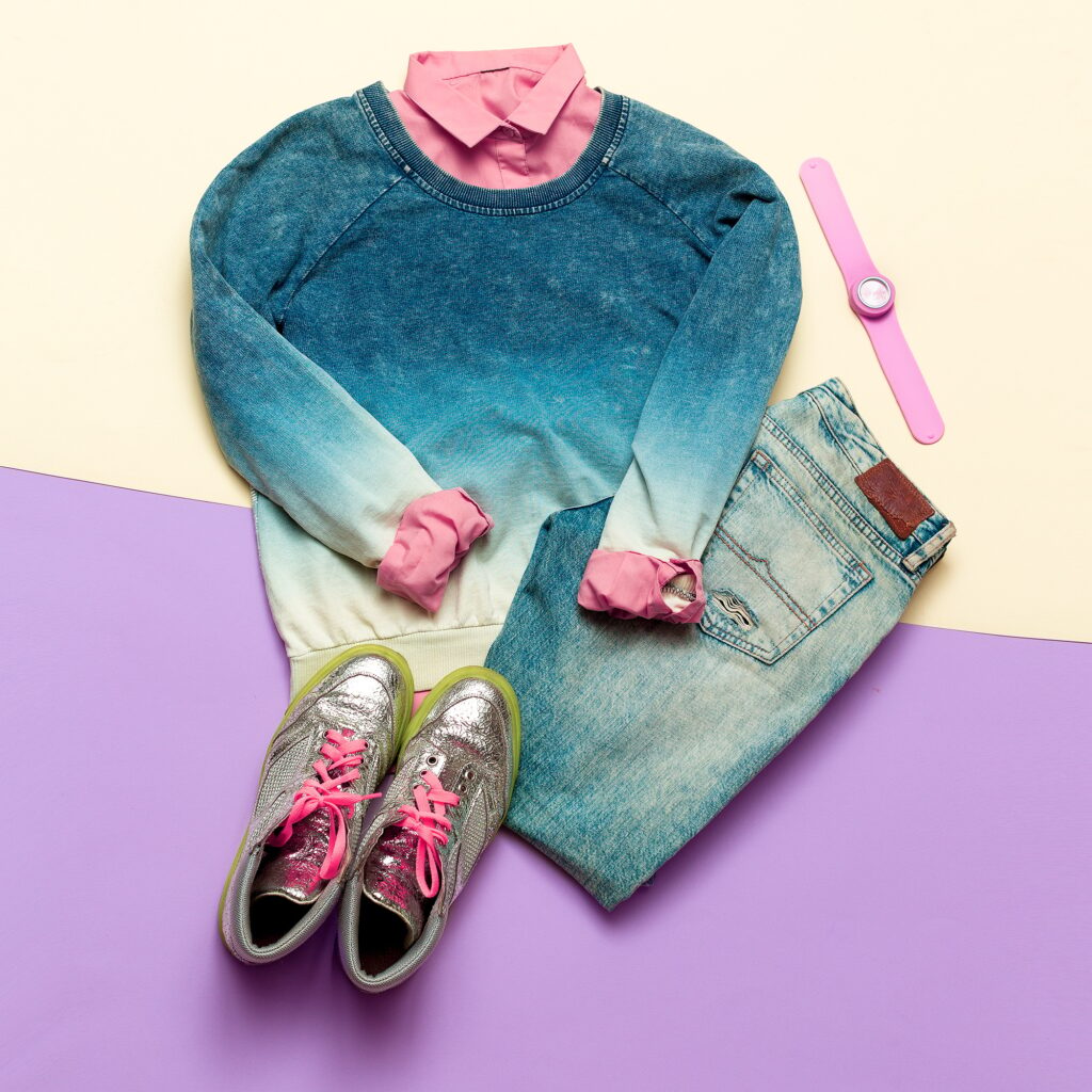 Fashion woman accessories set. Vanilla Lady. jeans, Sweater and